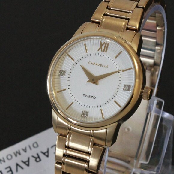 Caravelle Ladies Casual Watch By Bulova Diamond Accents Gold Tone 30mm - Picture 7 of 13
